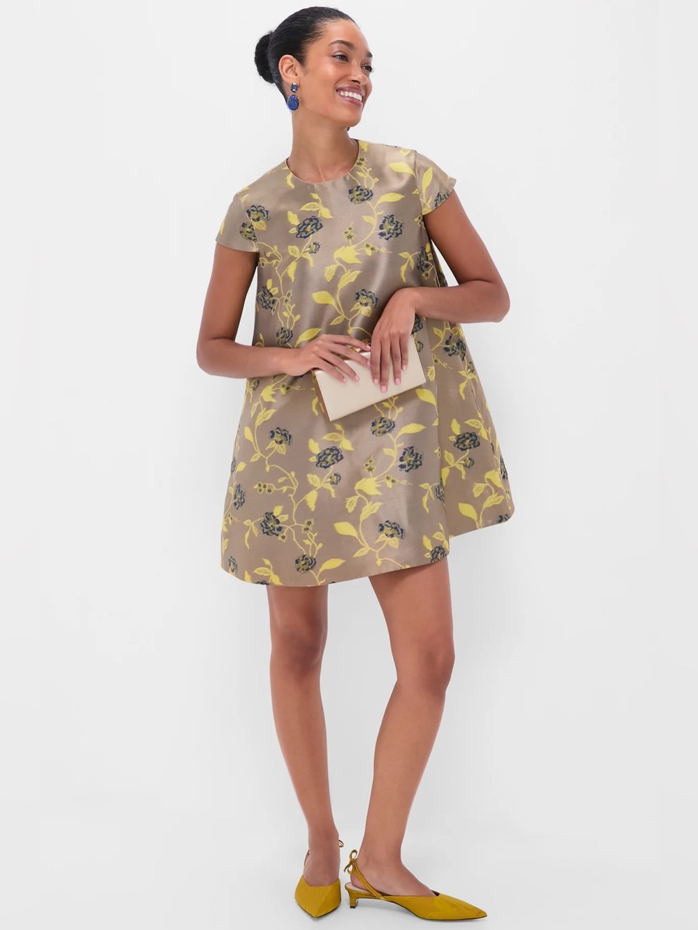 STAUD Taupe Floral Mini Dress with Yellow and Navy Accents